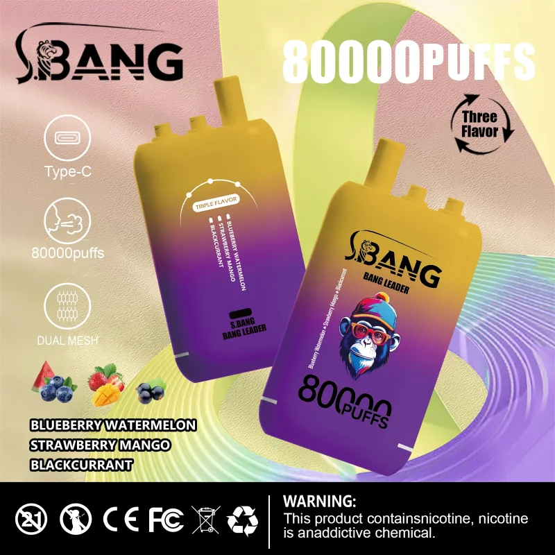 Bang Leader 80000 80K Puffar (80000 puffar) Blueberry Watermelon + Strawberry Mango + Blackcurrant 3-i-1 uppladdningsbar engångsvape 850mAh 78ml 3 pods 1.0Ω mesh coil EU lager