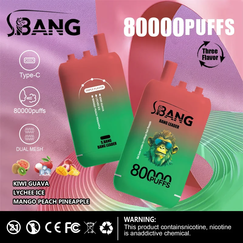Bang Leader 80000 80K Puffar (80000 puffar) Kiwi Passion + Lychee Ice + Mango Peach Pine 3-i-1 uppladdningsbar engångsvape 850mAh 78ml 3 pods 1.0Ω mesh coil EU lager