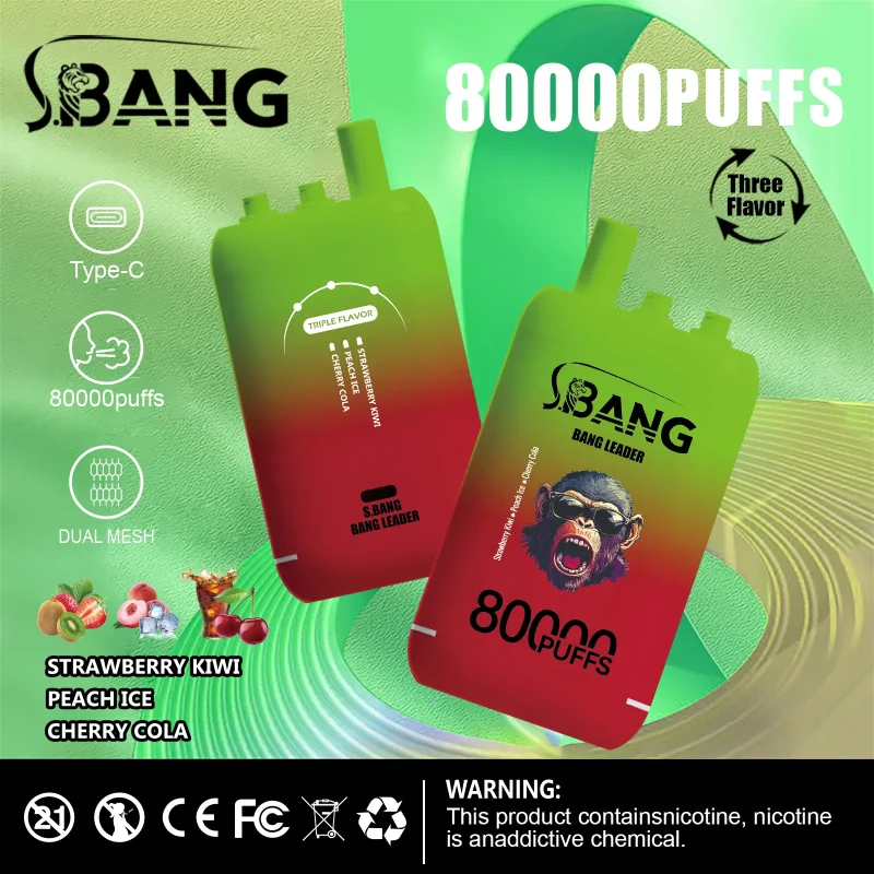Bang Leader 80000 80K Puffar (80000 puffar) Strawberry Kiwi + Peach Ice + Cherry Cola 3-i-1 uppladdningsbar engångsvape 850mAh 78ml 3 pods 1.0Ω mesh coil EU lager