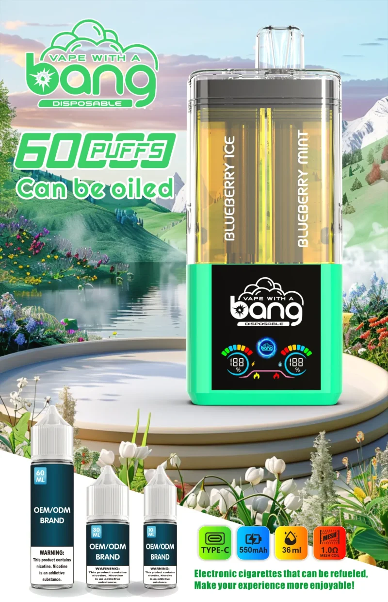 Bang Vape 60K Puffar (60000 puffar) Blueberry Ice & Mint 2-in-1 uppladdningsbar engångsvape 36ml