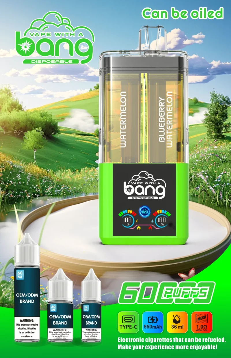 Bang Vape 60K Puffar (60000 puffar) Watermelon & Blueberry 2-in-1 uppladdningsbar engångsvape 36ml