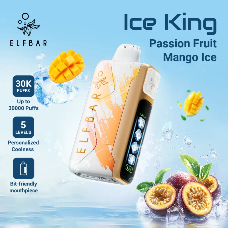 Elfbar Ice King 30000 Puffar (30000 puffar) Passion Fruit Mango Ice 5% nikotin uppladdningsbar engångsvape 850mAh 5-nivåer justerbar kylning 20ml Type-C EU lager