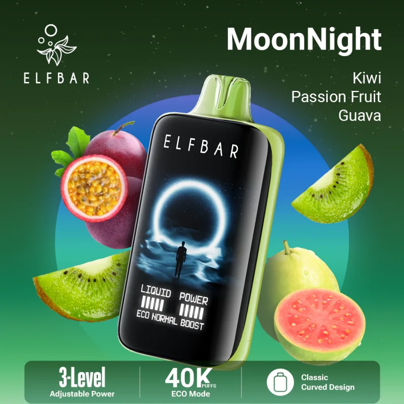Elfbar MoonNight 40000 Puffar (40000 puffar) Kiwi Passionfruit Guava 5% nikotin uppladdningsbar engångsvape 850mAh 3-nivåer justerbar effekt 50ml Type-C EU lager