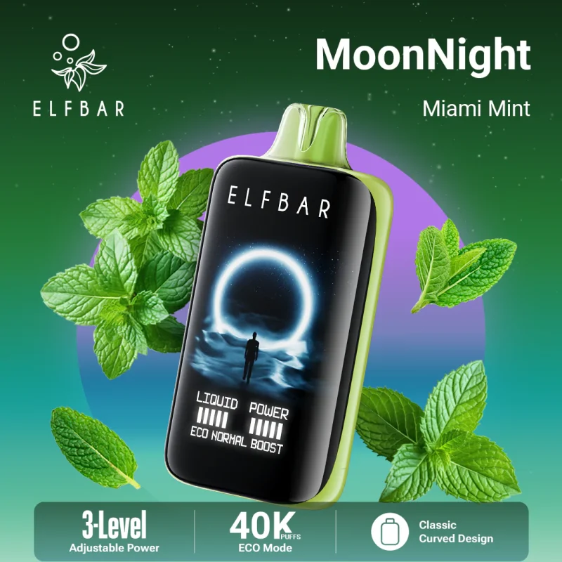 Elfbar MoonNight 40000 Puffar (40000 puffar) Miami Mint 5% nikotin 3-level power adjustable dual mesh uppladdningsbar engångsvape 850mAh 50ml Type-C EU lager