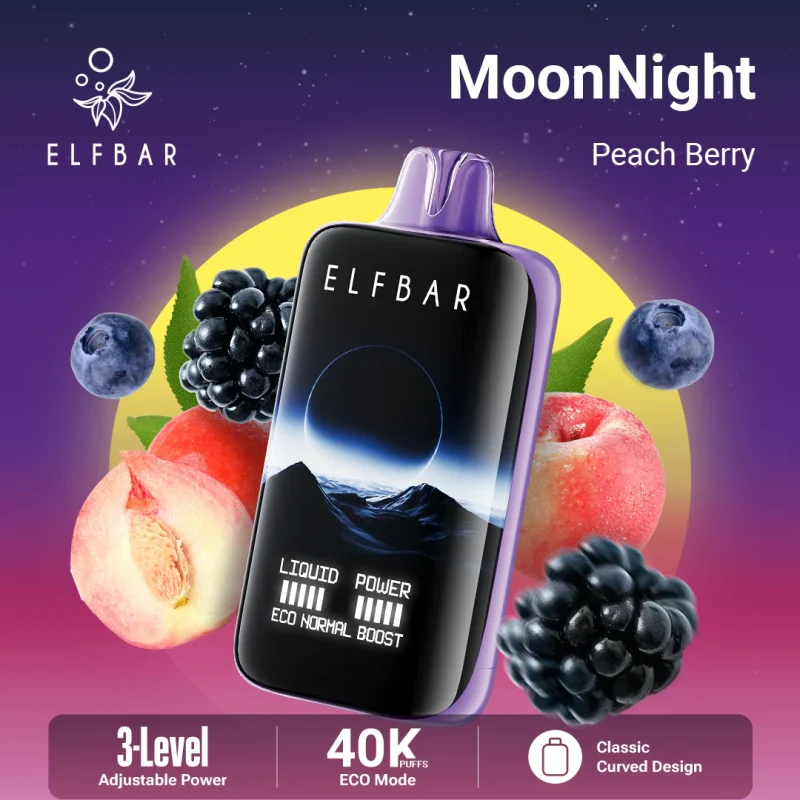 Elfbar MoonNight 40000 Puffar (40000 puffar) Peach Berry 5% nikotin 3-level power adjustable dual mesh uppladdningsbar engångsvape 850mAh 50ml Type-C EU lager