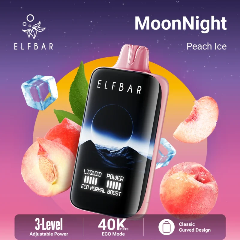 Elfbar MoonNight 40000 Puffar (40000 puffar) Peach Ice 5% nikotin 3-level power adjustable dual mesh uppladdningsbar engångsvape 850mAh 50ml Type-C EU lager