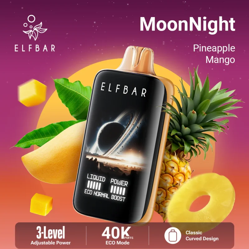Elfbar MoonNight 40000 Puffar (40000 puffar) Pineapple Mango 5% nikotin 3-level power adjustable dual mesh uppladdningsbar engångsvape 850mAh 50ml Type-C EU lager