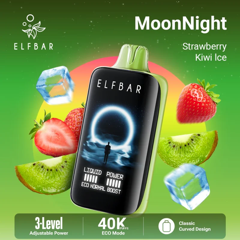 Elfbar MoonNight 40000 Puffar (40000 puffar) Strawberry Kiwi Ice 5% nikotin 3-level power adjustable dual mesh uppladdningsbar engångsvape 850mAh 50ml Type-C EU lager