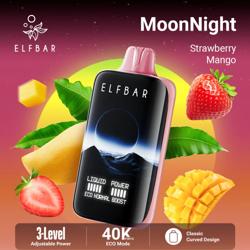 Elfbar MoonNight 40000 Puffar (40000 puffar) Strawberry Mango 5% nikotin 3-level power adjustable dual mesh uppladdningsbar engångsvape 850mAh 50ml Type-C EU lager
