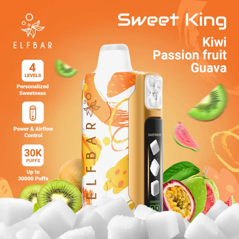 Elfbar Sweet King 30000 Puffar vape Kiwi Passion Fruit Guava 5% nikotin billig vape Sverige triple mesh airflow control uppladdningsbar engångsvape 850mAh 30ml Type-C EU lager