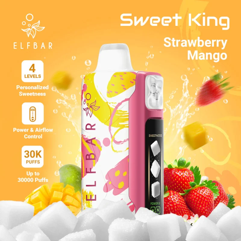 Elfbar Sweet King 30000 Puffar vape Strawberry Mango 5% nikotin billig vape Sverige triple mesh airflow control uppladdningsbar engångsvape 850mAh 30ml Type-C EU lager