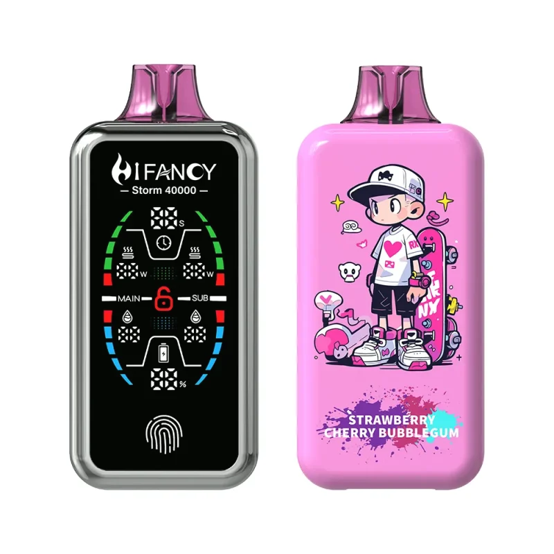 Hifancy Storm 40000 Puffar (40000 puffar) Strawberry Cherry Bubblegum 2% 3% eller 5% nikotin uppladdningsbar engångsvape 800mAh 78ml 3 pods adjustable ice full screen touch switch 1.0Ω mesh coil EU lager