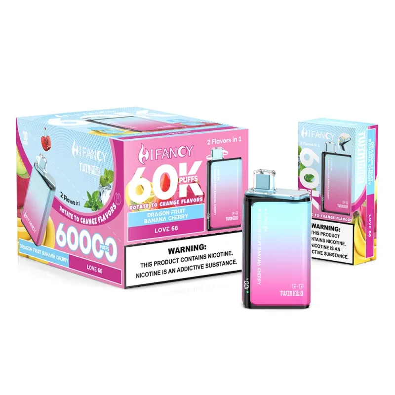 Hifancy Twin Max 60000 Puffar (60000 puffar) Dragon Fruit Banana Cherry × Love 66 2-i-1 dual flavor 2% 3% eller 5% nikotin uppladdningsbar engångsvape 650mAh 1.0Ω mesh coil Type-C EU lager