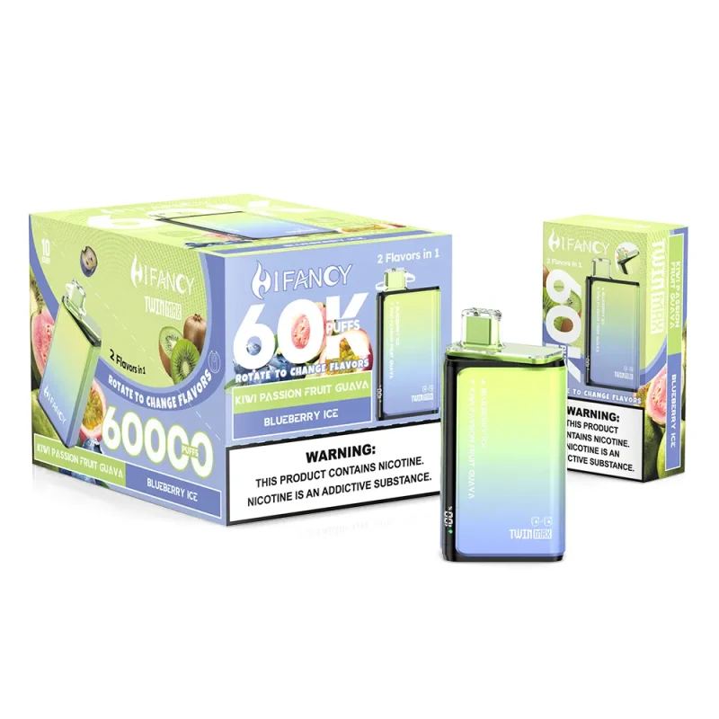 Hifancy Twin Max 60000 Puffar (60000 puffar) Kiwi Passion Fruit Guava × Blueberry Ice 2-i-1 dual flavor 2% 3% eller 5% nikotin uppladdningsbar engångsvape 650mAh 1.0Ω mesh coil Type-C EU lager