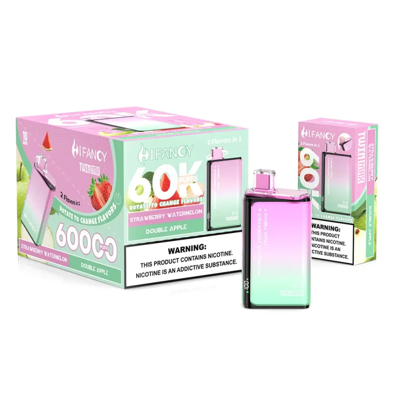 Hifancy Twin Max 60000 Puffar (60000 puffar) Strawberry Watermelon × Double Apple 2-i-1 dual flavor 2% 3% eller 5% nikotin uppladdningsbar engångsvape 650mAh 1.0Ω mesh coil Type-C EU lager