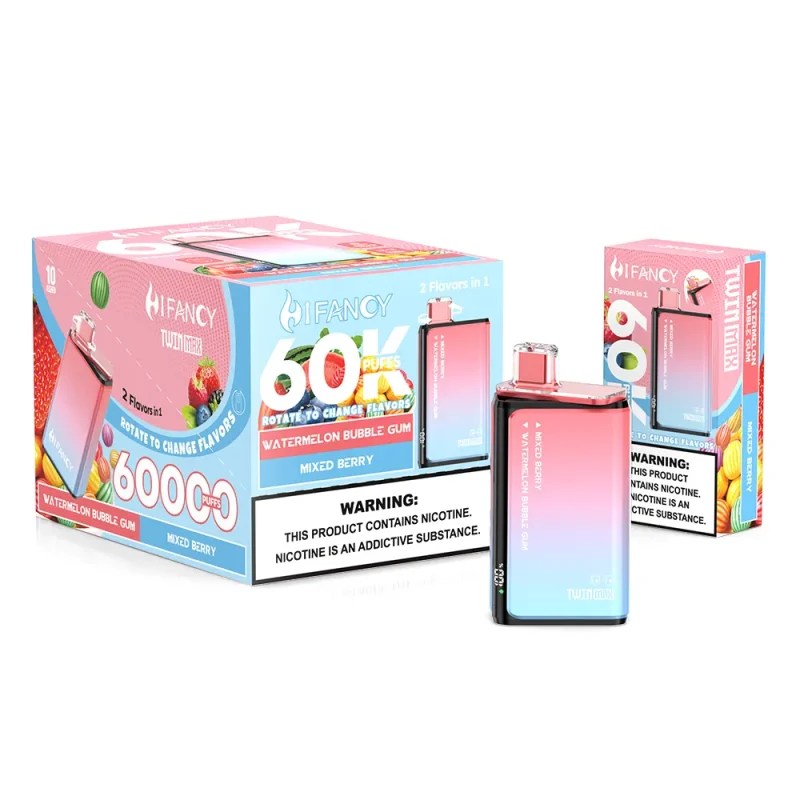 Hifancy Twin Max 60000 Puffar (60000 puffar) Watermelon Bubble Gum × Mixed Berry 2-i-1 dual flavor 2% 3% eller 5% nikotin uppladdningsbar engångsvape 650mAh 1.0Ω mesh coil Type-C EU lager