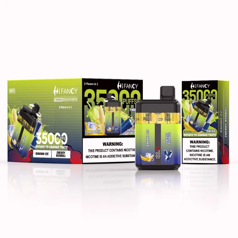 Hifancy Twins 35000 Puffar (35000 puffar) Banana Ice & Energy Red Bull 2-i-1 dubbel oljetank uppladdningsbar engångsvape 650mAh 35ml 1.0Ω mesh coil Type-C EU lager