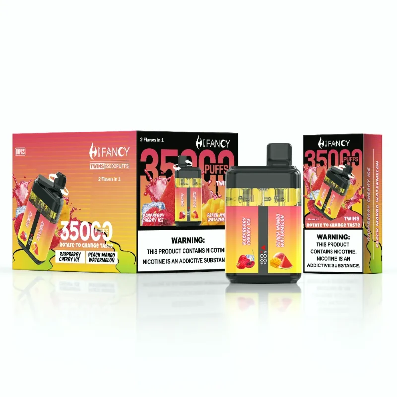 Hifancy Twins 35000 Puffar (35000 puffar) Raspberry Cherry Ice & Peach Mango Watermelon 2-i-1 dubbel oljetank uppladdningsbar engångsvape 650mAh 35ml 1.0Ω mesh coil Type-C EU lager