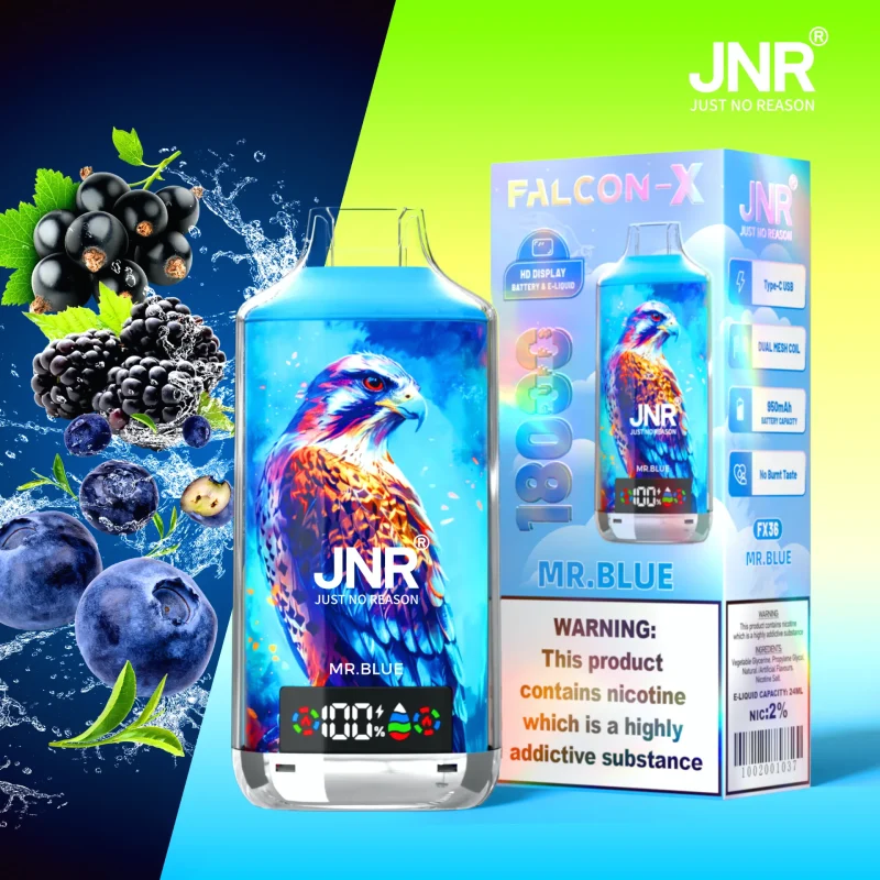 JNR Falcon-X 18000 Puffar (18000 puffar) Mr Blue 2% eller 5% nikotin uppladdningsbar engångsvape 960mAh digital display adjustable airflow dual mesh coil 24ml EU lager