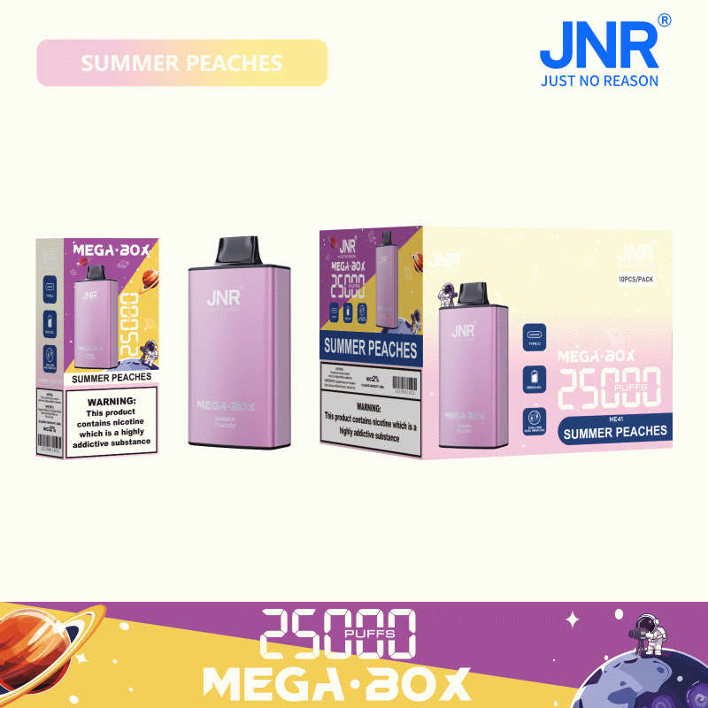 JNR Mega Box 25000 Puffar (25000 puffar) Summer Peaches 2% eller 5% nikotin uppladdningsbar engångsvape 850mAh dual mesh coil 30ml Type-C EU lager