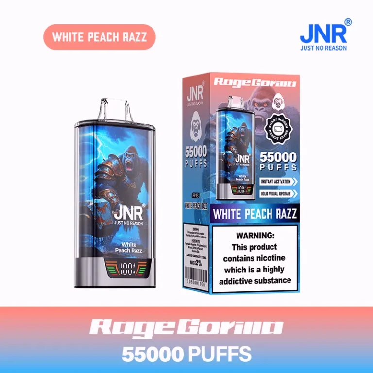 JNR Rage Grilla 55000 Puffar (55000 puffar) White Peach Razz 2% eller 5% nikotin uppladdningsbar engångsvape 950mAh smart screen dual mesh coil 30ml Type-C EU lager