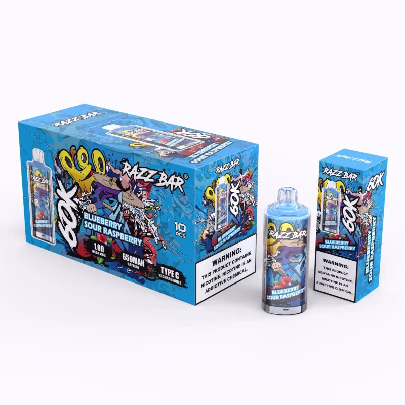 Razz Bar 60000 Puffar (60000 puffar) Blueberry Sour Raspberry 2% eller 5% nikotin uppladdningsbar engångsvape 650mAh LED display 30ml 1.0Ω mesh coil EU lager