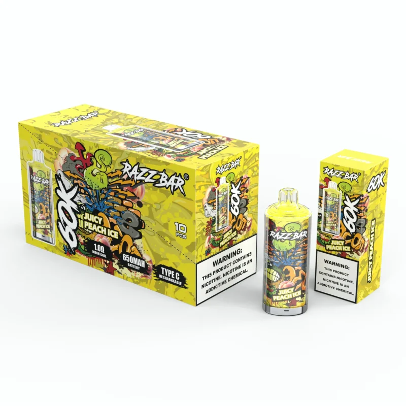 Razz Bar 60000 Puffar (60000 puffar) Juicy Peach Ice 2% eller 5% nikotin uppladdningsbar engångsvape 650mAh LED display 30ml 1.0Ω mesh coil EU lager
