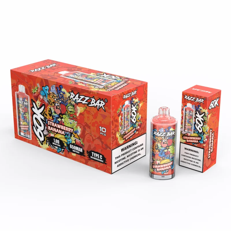 Razz Bar 60000 Puffar (60000 puffar) Gummy Bear 2% eller 5% nikotin uppladdningsbar engångsvape 650mAh LED display 30ml 1.0Ω mesh coil EU lager