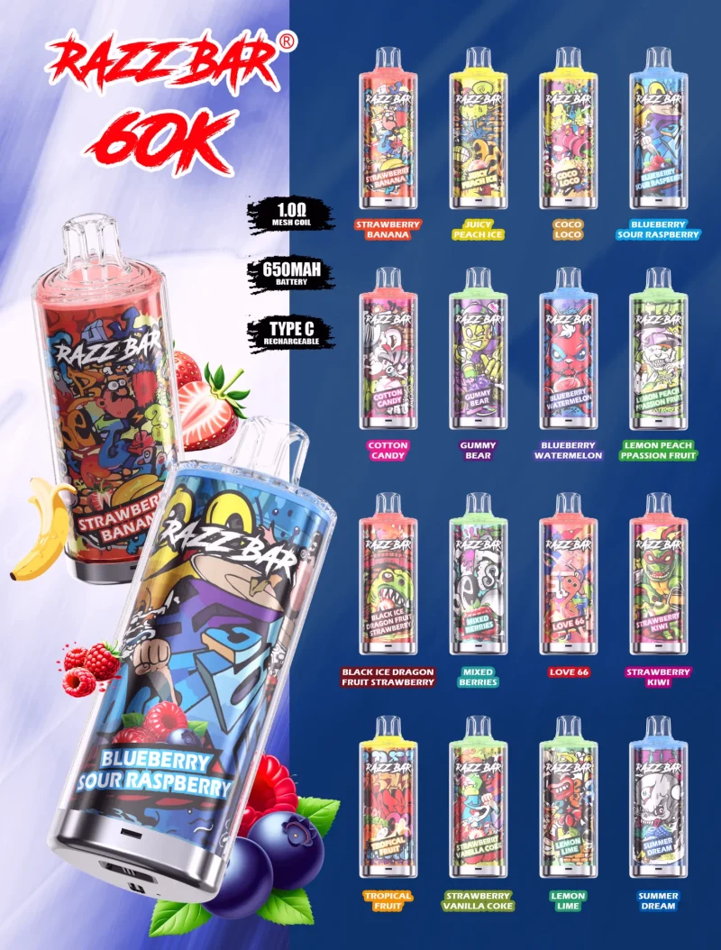 Razz Bar 60000 Puffar (60000 puffar) Black Ice Dragon Fruit Strawberry 2% eller 5% nikotin uppladdningsbar engångsvape 650mAh LED display 30ml 1.0Ω mesh coil EU lager