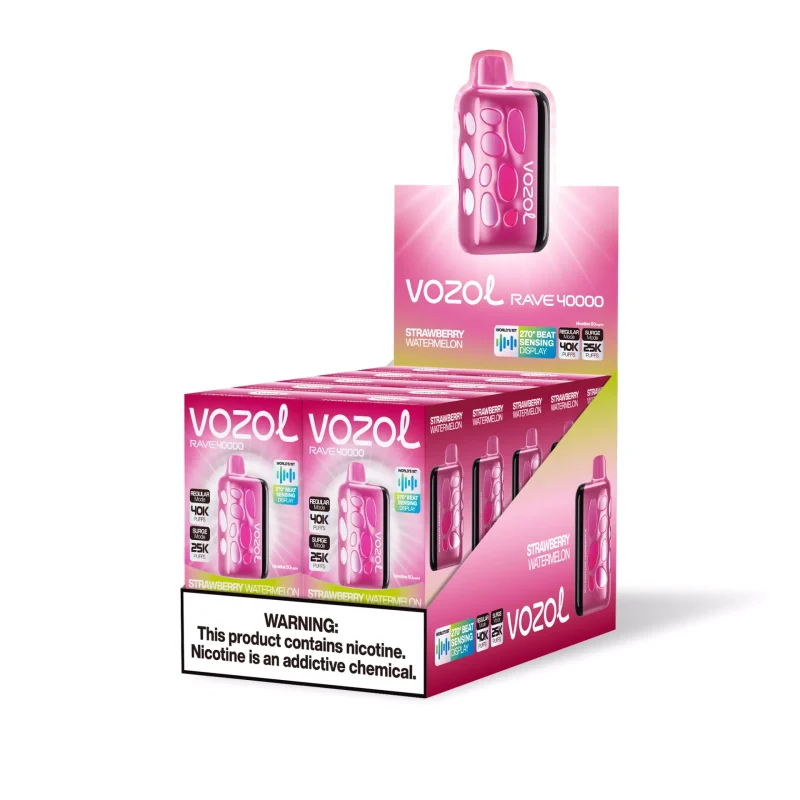 VOZOL RAVE 40000 Puffar (40000 puffar) Strawberry Watermelon 5% nikotin uppladdningsbar engångsvape 1000mAh 270° glow beat-synced party mode 20ml 1.2Ω coil Type-C EU lager
