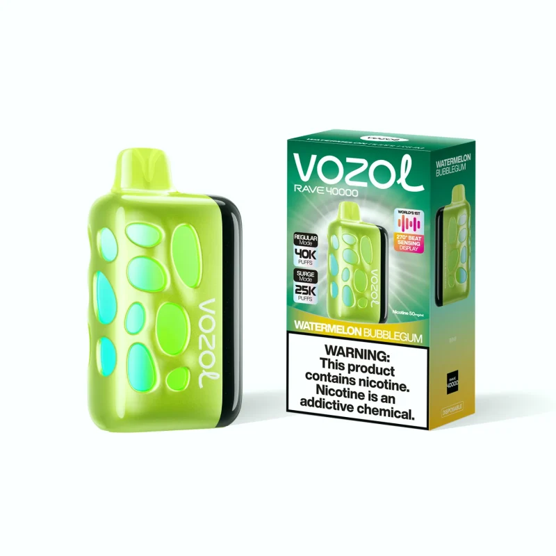 VOZOL RAVE 40000 Puffar (40000 puffar) Watermelon Bubblegum 5% nikotin uppladdningsbar engångsvape 1000mAh 270° glow beat-synced party mode 20ml 1.2Ω coil Type-C EU lager
