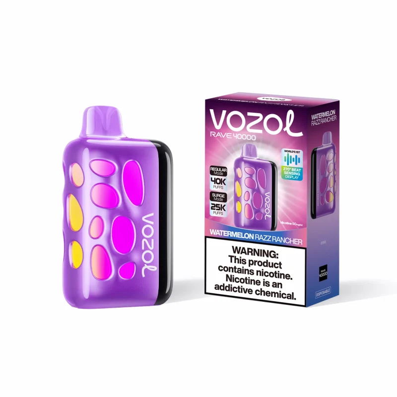 VOZOL RAVE 40000 Puffar (40000 puffar) Watermelon Razz Rancher 5% nikotin uppladdningsbar engångsvape 1000mAh 270° glow beat-synced party mode 20ml 1.2Ω coil Type-C EU lager