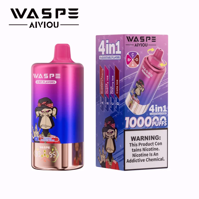 Waspe 4in1 100000 Puffar vape Strawberry Raspberry Cherry Crazy Cherry Ice Blue Cherry Ice Cola Ice 5% nikotin ultra long lasting vape 4in1 quad flavor vape mesh coil uppladdningsbar engångsvape 650mAh 56ml Type-C EU lager