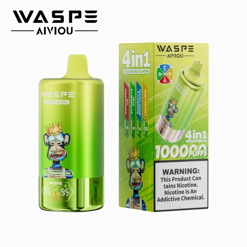 Waspe 4in1 100000 Puffar vape Watermelon Ice Strawberry Kiwi Raspberry Watermelon Lemon Lime 5% nikotin ultra long lasting vape 4in1 quad flavor vape mesh coil uppladdningsbar engångsvape 650mAh 56ml Type-C EU lager