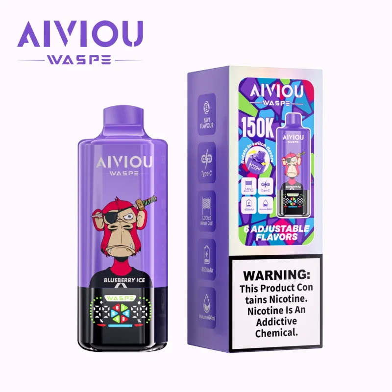 Waspe Aiviou 150000 Puffar vape Blueberry Ice Strawberry Kiwi Cherry Strawberry Ice 5% nikotin ultra long lasting vape 6in1 multi flavor vape mesh coil uppladdningsbar engångsvape 650mAh 64ml Type-C EU lager