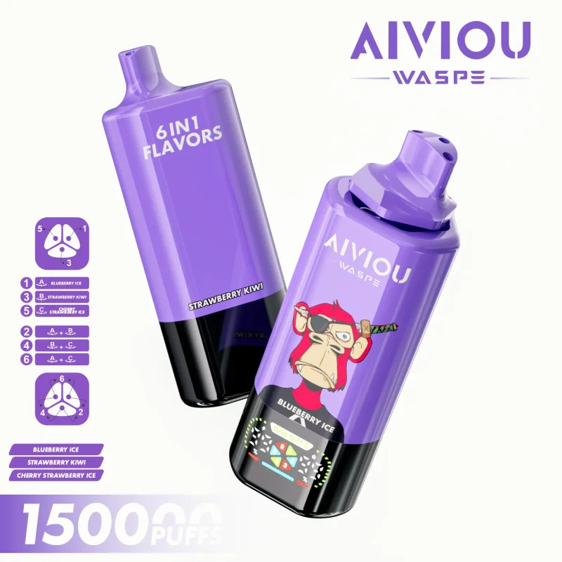 Waspe Aiviou 150000 Puffar vape Blueberry Ice Strawberry Kiwi Cherry Strawberry Ice 5% nikotin ultra long lasting vape 6in1 multi flavor vape mesh coil uppladdningsbar engångsvape 650mAh 64ml Type-C EU lager