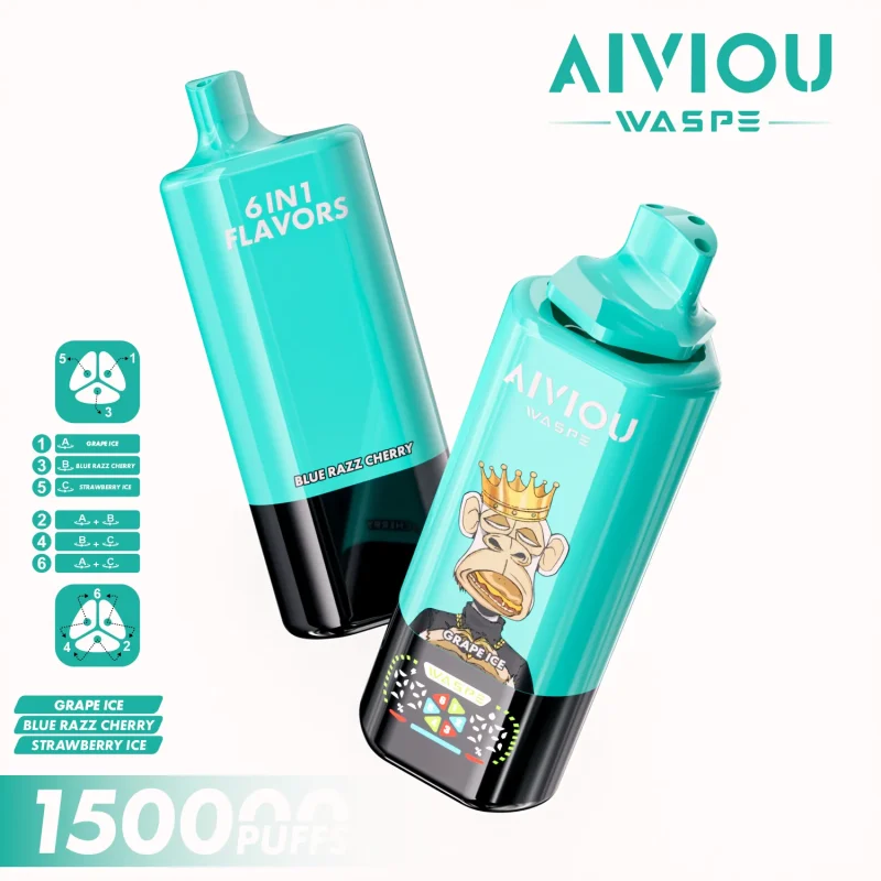 Waspe Aiviou 150000 Puffar vape Grape Ice Blue Razz Cherry Strawberry Ice 5% nikotin ultra long lasting vape 6in1 multi flavor vape mesh coil uppladdningsbar engångsvape 650mAh 64ml Type-C EU lager