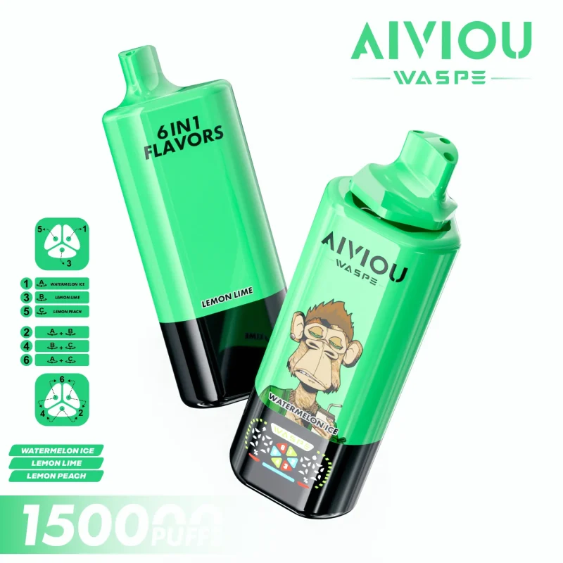 Waspe Aiviou 150000 Puffar vape Watermelon Ice Lemon Lime Lemon Peach 5% nikotin ultra long lasting vape 6in1 multi flavor vape mesh coil uppladdningsbar engångsvape 650mAh 64ml Type-C EU lager