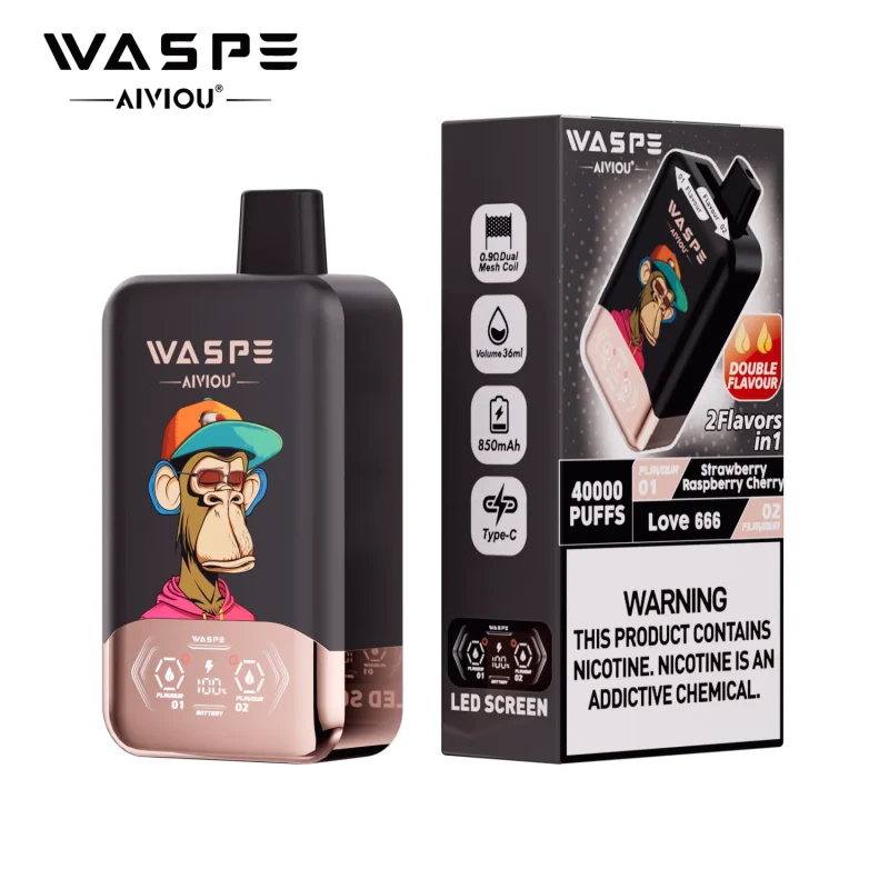 Waspe Aiviou 40000 Puffar vape Strawberry Raspberry Cherry Love 666 2% nikotin dual flavor vape long lasting vape mesh coil uppladdningsbar engångsvape 650mAh 36ml Type-C EU lager