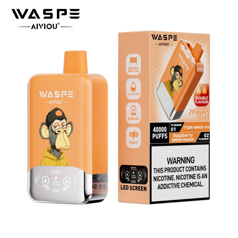 Waspe Aiviou 40000 Puffar vape Triple Melon Ice Raspberry Watermelon 2% nikotin dual flavor vape long lasting vape mesh coil uppladdningsbar engångsvape 650mAh 36ml Type-C EU lager