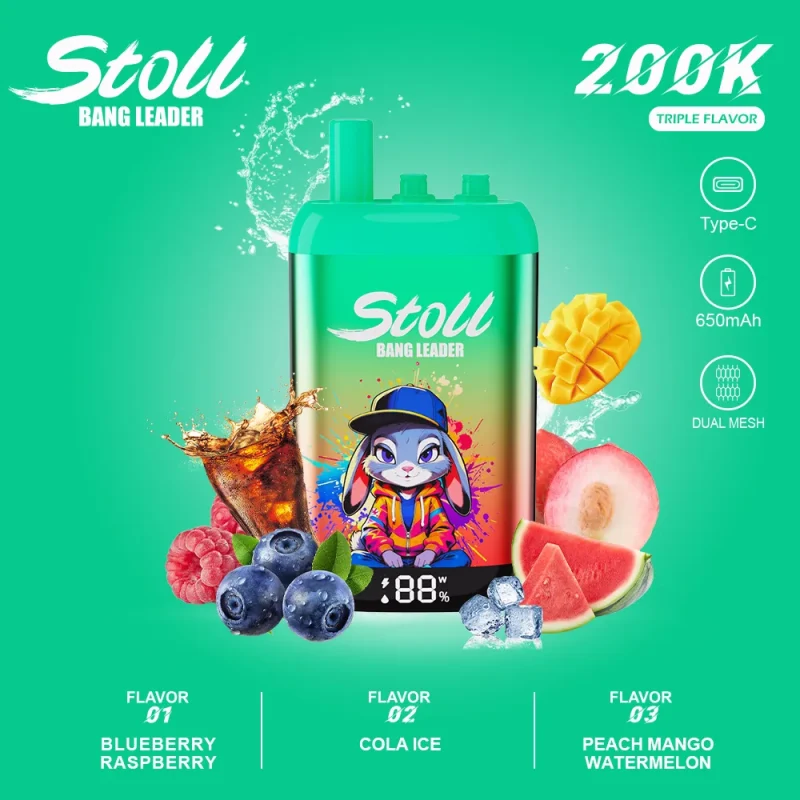 Stoll Bang Leader 200K 200000 Puffs 3 Flavor Vape - Blueberry Raspberry Cola Ice Peach Mango Watermelon