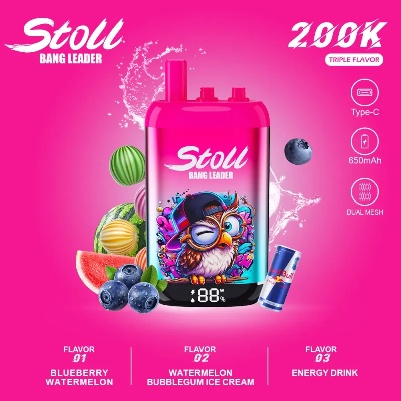 Stoll Bang Leader 200K 200000 Puffs 3 Flavor Vape - Blueberry Watermelon Watermelon Bubblegum Ice Cream Energy Drink