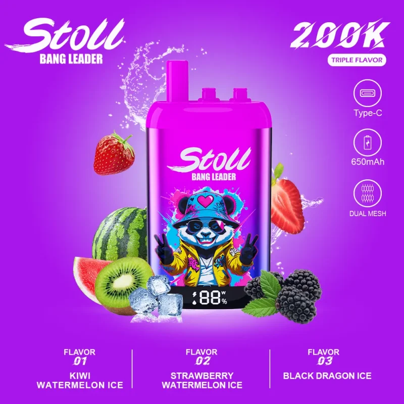 Stoll Bang Leader 200K 200000 Puffs 3 Flavor Vape - Kiwi Watermelon Ice Strawberry Watermelon Ice Black Dragon Ice