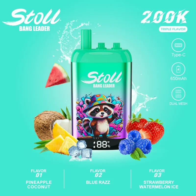 Stoll Bang Leader 200K 200000 Puffs 3 Flavor Vape - Pineapple Coconut Blue Razz Strawberry Watermelon Ice