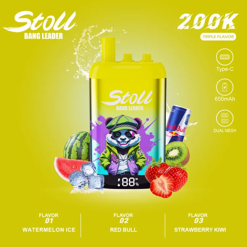 Stoll Bang Leader 200K 200000 Puffs 3 Flavor Vape - Watermelon Ice Red Bull Strawberry Kiwi