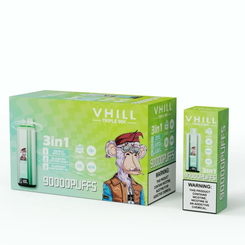 VHILL TRIPLE 90K 90000 Puffar Engångsvape - Blueberry Raspberry ice & Blueberry Cotton Candy & Double Apple Ice
